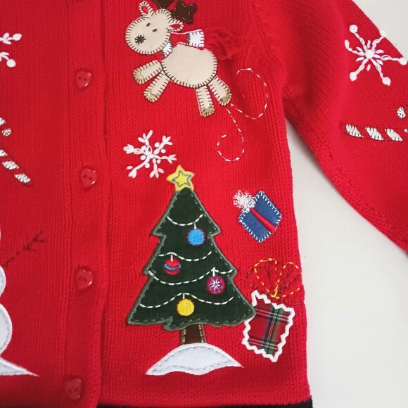 NWT Koala Kids Christmas Cardigan 12M Red Cotton Snowman XMas Tree Deer Applique - Picture 4 of 7